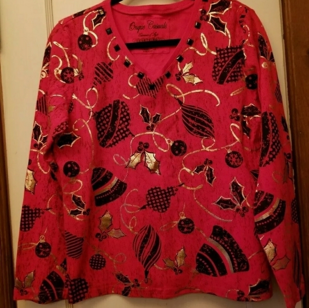 Christmas Holiday Shirt Top Red Black Gold L